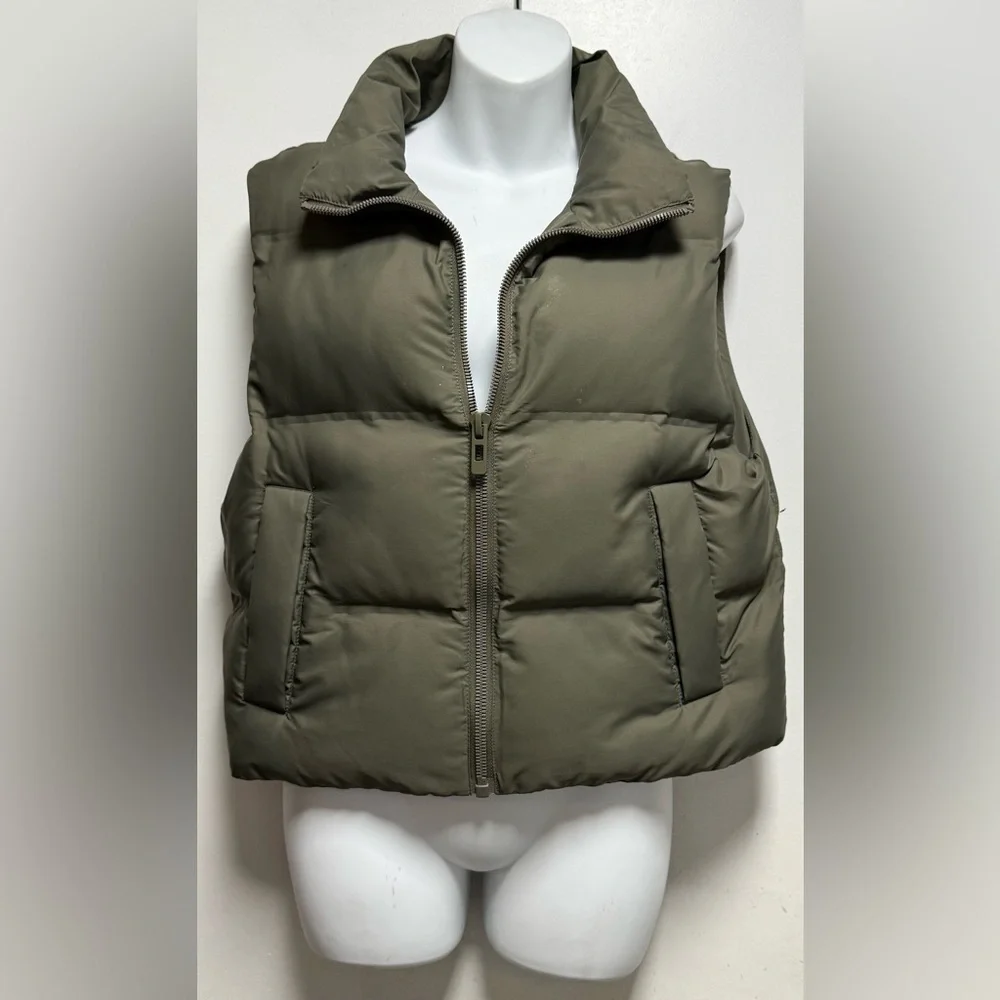 Zara Regular Fit Puffer Vest in a khaki or olive green color.  size XS